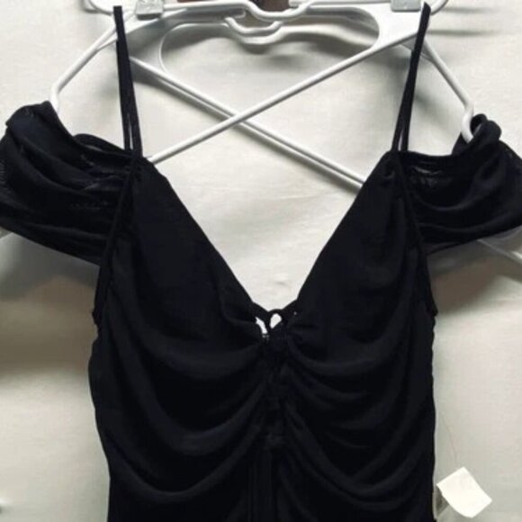 Privy Off Shoulder Shirring Mesh Dress Women's Large Black Cocktail Bodycon NWT - Picture 2 of 9
